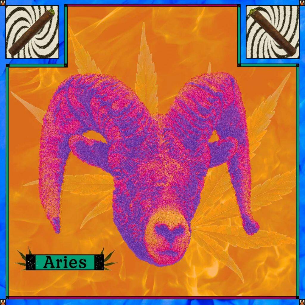 blunts and a ram with the word "Aries" on a fiery orange background